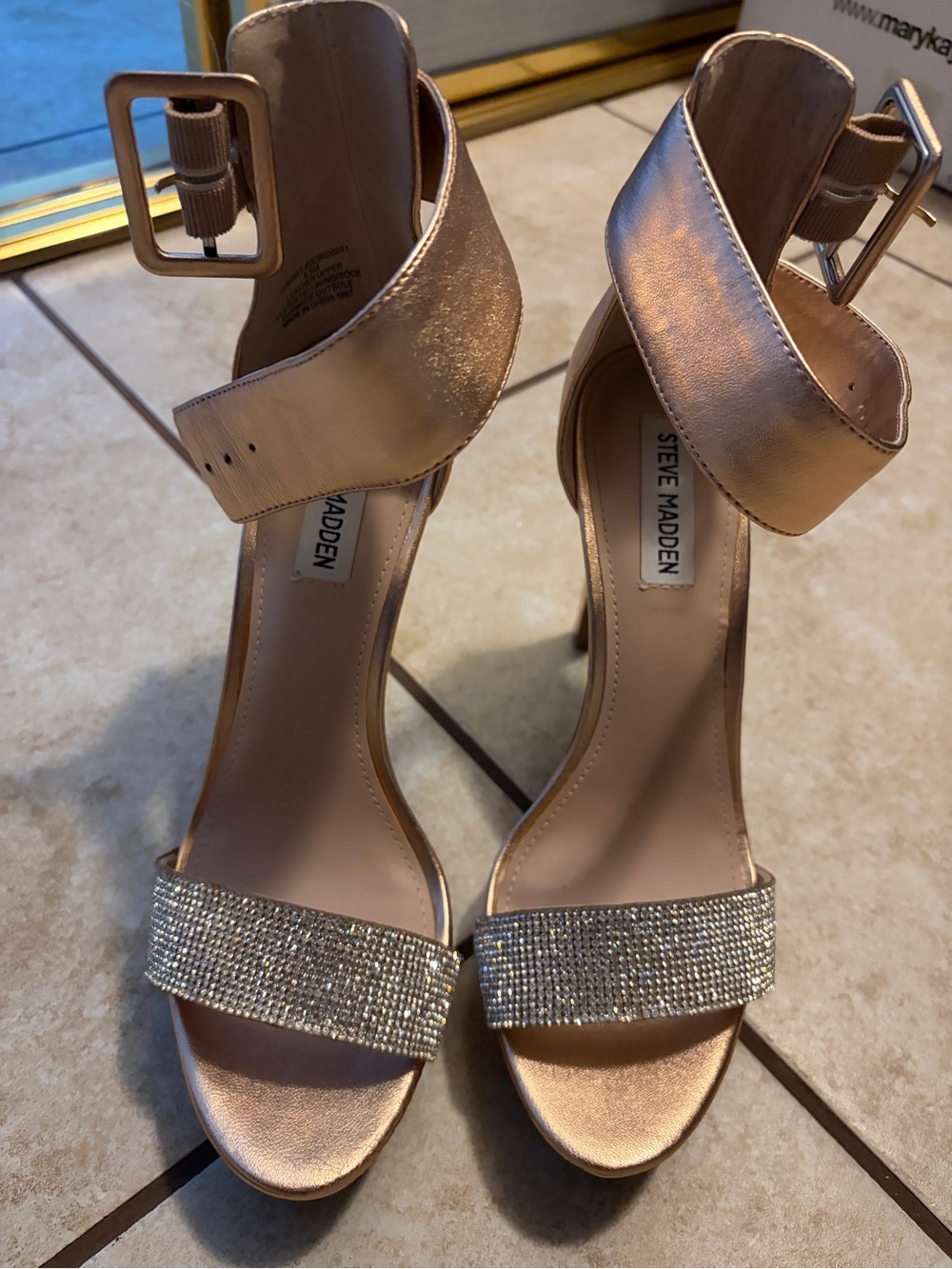 Steve Madden Rose Gold Crystal-Embellished Ankle-Strap Heels
